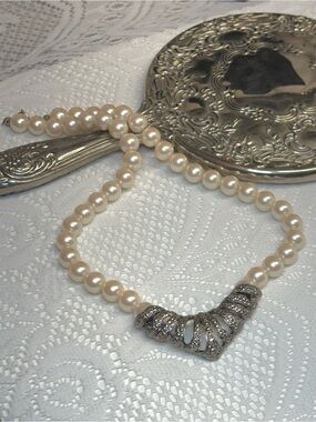 Vintage Avon 1991 Openwork Marcasite Look Statement Necklace Faux Pearl NIB
